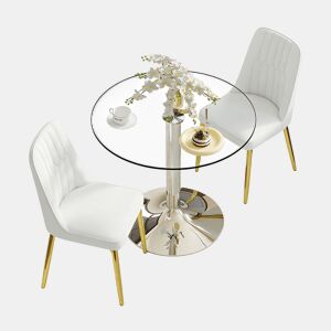 Conjunto de mesa de jantar 85 cm - vidro temperado com 2 cadeiras em PU - branco dourado prateado