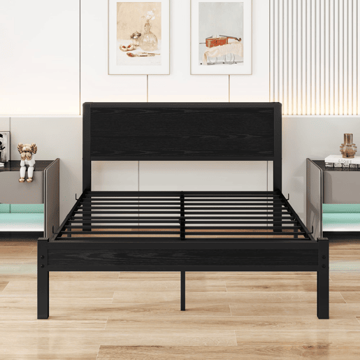 Cama metálica 140x200 cm - cabeceira com arrumação, silenciosa - preta Cama metálica 140x200 cm - cabeceira com arrumação, silenciosa - preta