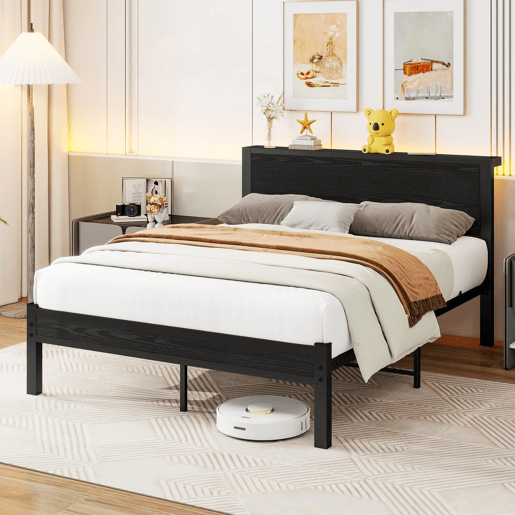 Cama metálica 140x200 cm - cabeceira com arrumação, silenciosa - preta Cama metálica 140x200 cm - cabeceira com arrumação, silenciosa - preta