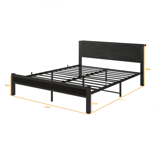 Cama metálica 140x200 cm - cabeceira com arrumação, silenciosa - preta Cama metálica 140x200 cm - cabeceira com arrumação, silenciosa - preta