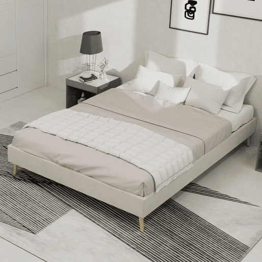 Estrutura de cama 140x200 cm - veludo holandês, base baixa - bege