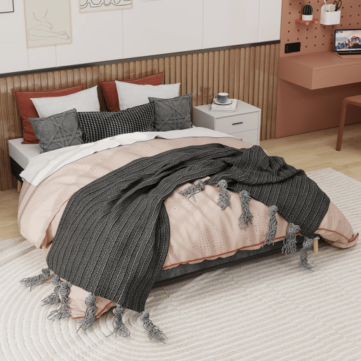 Cama minimalista moderna 160x200 cm - estofada em veludo, base baixa - cinzenta