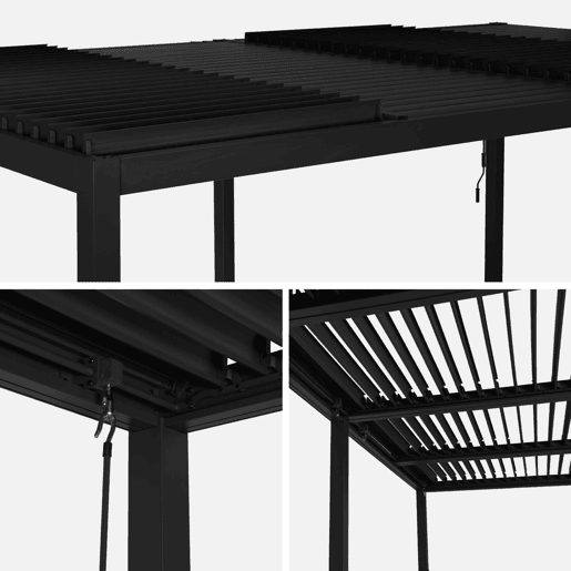 Pérgola bioclimática 3x6m de alumínio e aço + 2 toldos 3m Preto - 574x272x231 cm
