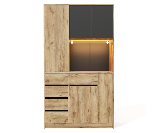 Aparador de cocina 185x105x40 cm - estantes ajustables, led con mando, enchufe, extraíble - negro+natural