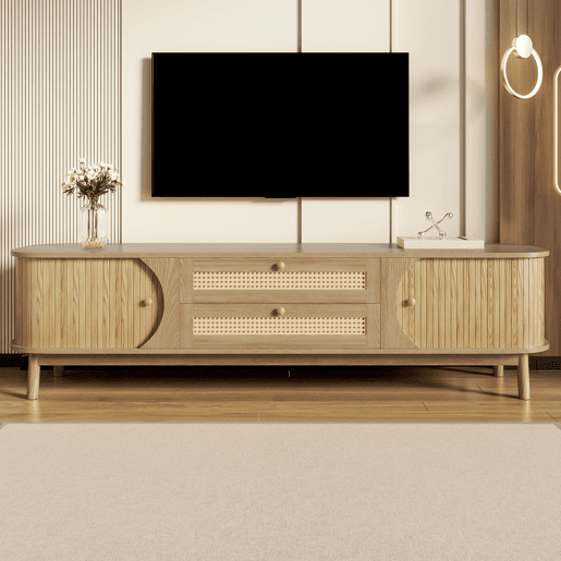 Móvel de TV u2013 Estilo rústico natural com portas e gavetas, com laterais em rattan - Cor natural