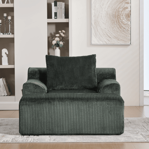 Sofá relax - Veludo canelado, assento profundo, almofada e bolsos laterais - Verde esmeralda
