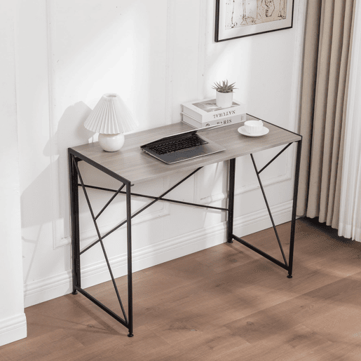 Secretária - compacta, estrutura metálica e superfície em MDF - cor natural