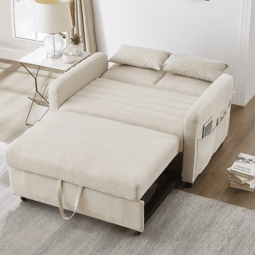 Sofá-cama de 2 lugares - design moderno, reclinável em 3 posições, algodão-linho - Bege