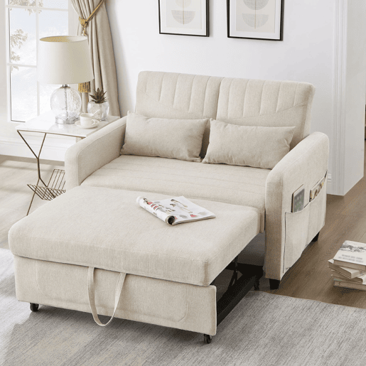 Sofá-cama de 2 lugares - design moderno, reclinável em 3 posições, algodão-linho - Bege