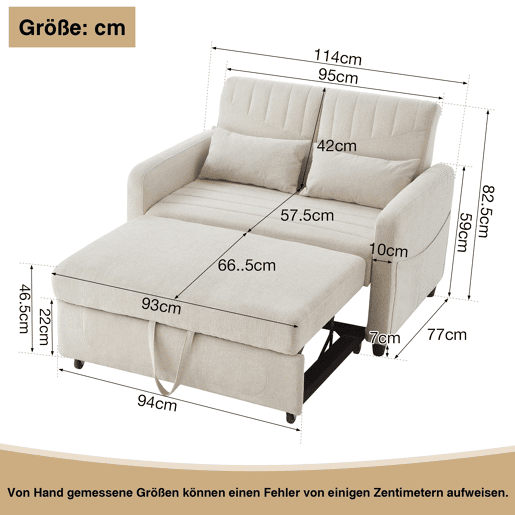 Sofá-cama de 2 lugares - design moderno, reclinável em 3 posições, algodão-linho - Bege