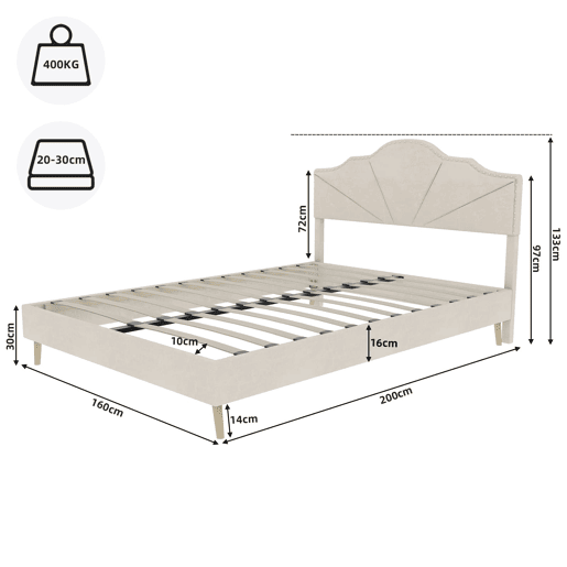 Cama estofada 160x200 - cabeceira macia e confortável, base baixa, multifuncional - bege