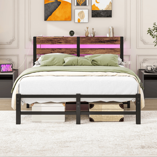 Cama 120x200 - Estrutura metálica com LED e USB, arrumação debaixo da cama - PretoCastanho