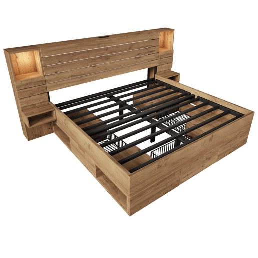 Cama de casal 160x200 cm - LED, USB Type-C, nichos iluminados, gavetas debaixo da cama - Carvalho
