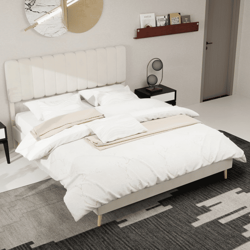 Cama estofada 160x200 - cabeceira acolchoada, base baixa sem arrumação - bege