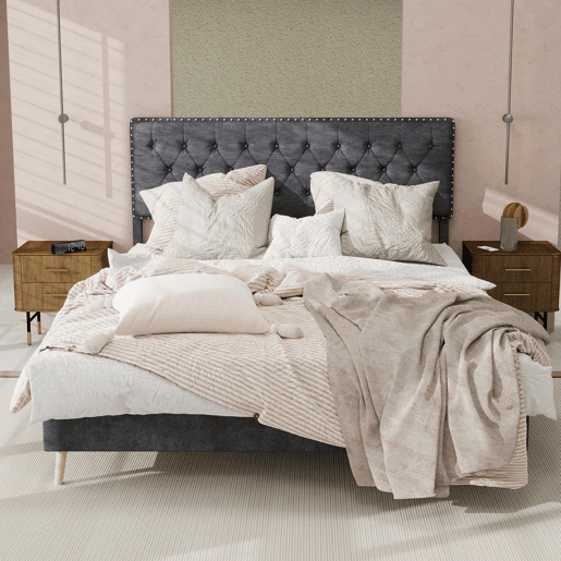 Cama minimalista moderna e suave 140x200 - cabeceira confortável, base baixa - cinzenta