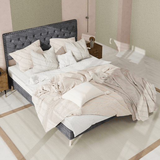Cama minimalista moderna e suave 140x200 - cabeceira confortável, base baixa - cinzenta