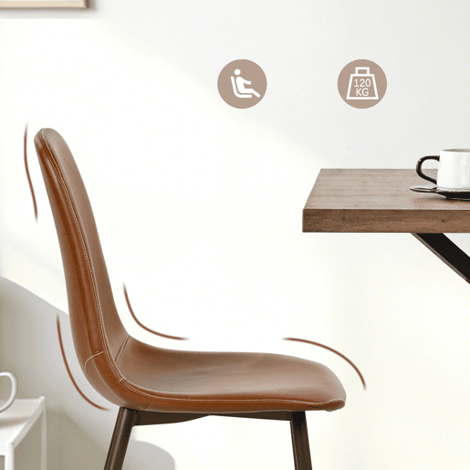 Conjunto 6 Cadeiras Jantar Estofadas PU Castanho Estilo Moderno Encosto Ergonómico Assento Acolchoado Pernas Metálicas Resistentes Fácil Limpeza Para Sala Jantar Cozinha