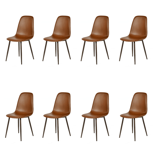 Conjunto 8 Cadeiras Jantar Estofadas PU Castanho Estilo Moderno Encosto Ergonómico Assento Com Acolchoamento Leve Pernas Metálicas Resistentes Fácil Limpeza Para Sala Jantar Cozinha Restaurante