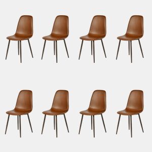 Conjunto 8 Cadeiras Jantar Estofadas PU Castanho Estilo Moderno Encosto Ergonómico Assento Com Acolchoamento Leve Pernas Metálicas Resistentes Fácil Limpeza Para Sala Jantar Cozinha Restaurante
