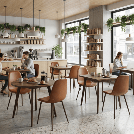 Conjunto 8 Cadeiras Jantar Estofadas PU Castanho Estilo Moderno Encosto Ergonómico Assento Com Acolchoamento Leve Pernas Metálicas Resistentes Fácil Limpeza Para Sala Jantar Cozinha Restaurante