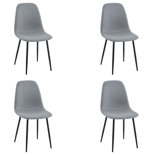Conjunto de 4 cadeiras de jantar, modelo liso, estofadas em cinza com pés de metal preto.