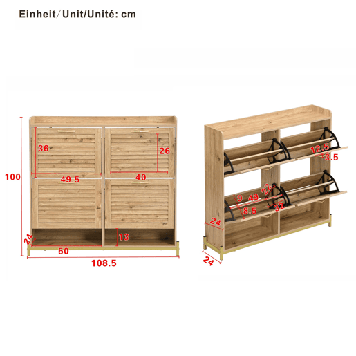 Sapateira 108,5x24x100 cm - 4 portas, estrutura metálica, organizador de sapatos - Madeira