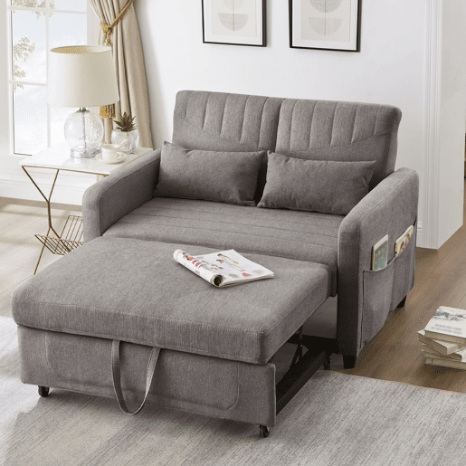 Sofá-cama de 2 lugares - design dobrável, moderno, encosto com 3 posições, algodão-linho - Cinza