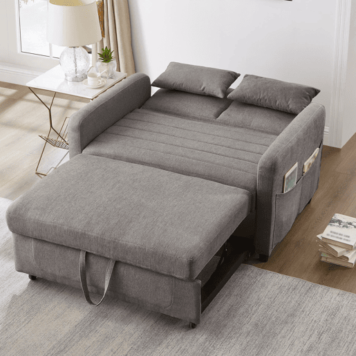 Sofá-cama de 2 lugares - design dobrável, moderno, encosto com 3 posições, algodão-linho - Cinza