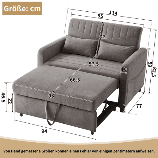 Sofá-cama de 2 lugares - design dobrável, moderno, encosto com 3 posições, algodão-linho - Cinza