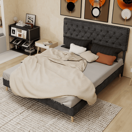 Cama moderna minimalista 160x200 - cabeceira confortável e macia, estrutura baixa - cinzenta