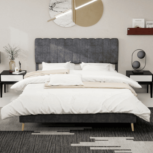 Cama estofada 160x200 - cabeceira macia, base baixa sem arrumação - cinzento