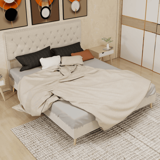 Cama estofada 160x200 - minimalista, cabeceira suave e confortável, base baixa - bege