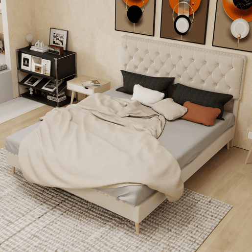 Cama estofada 160x200 - minimalista, cabeceira suave e confortável, base baixa - bege