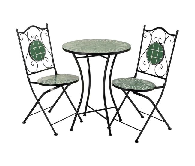 Conjunto mesa y 2 sillas de mosaico y forja verde, mesa:d60x75h-silla(