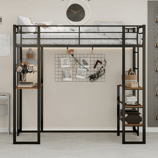 Cama infantil de ferro com secretária em L e escada reversível com corrimão - preto