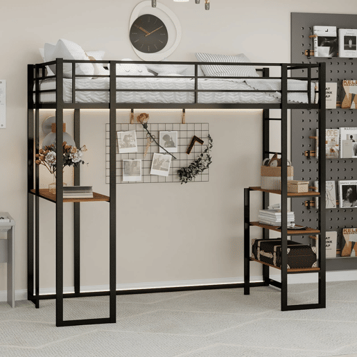 Cama infantil de ferro com secretária em L e escada reversível com corrimão - preto