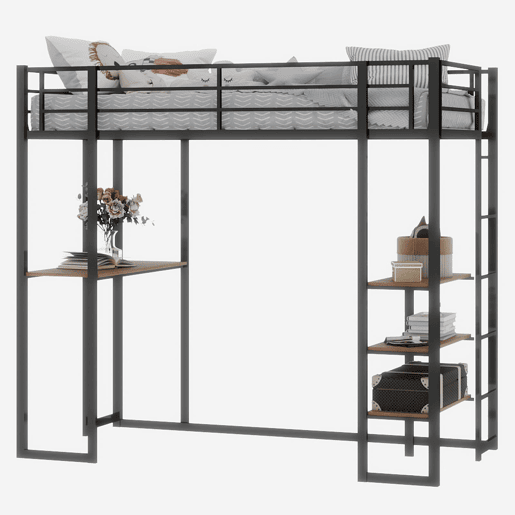 Cama infantil de ferro com secretária em L e escada reversível com corrimão - preto