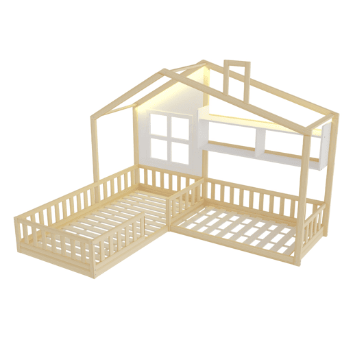 Cama infantil 90x200 cm - Com janela, prateleiras, LED, gaveta e grade - Madeira naturalBranco
