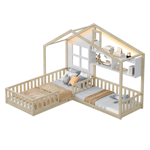 Cama infantil 90x200 cm - Com janela, prateleiras, LED, gaveta e grade - Madeira naturalBranco