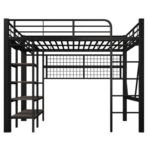 Cama Alta 140x200 cm - Estrutura metálica, prateleira, barra para roupa, espaço aberto, iluminação LED - Preto