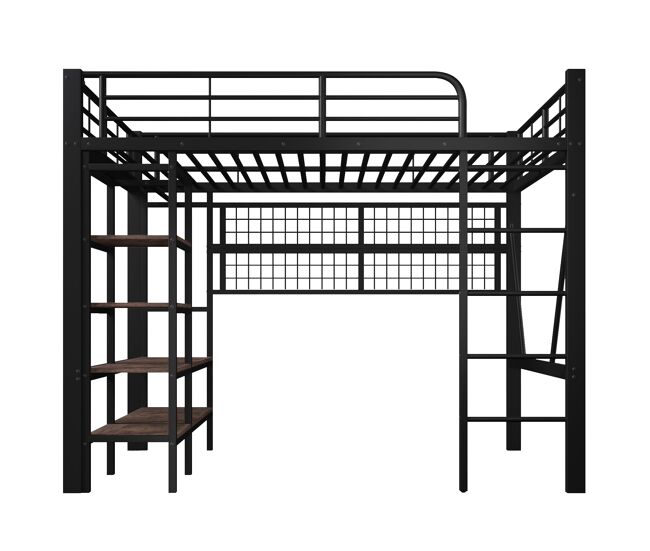 Cama alta 140x200 cm - estructura de metal, estante, barra para ropa, espacio abierto, iluminación led - negro