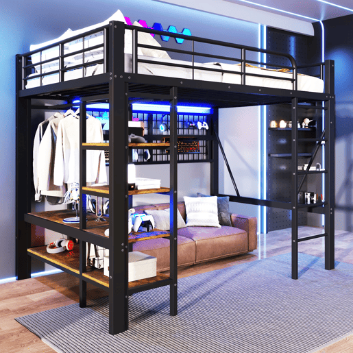 Cama Alta 140x200 cm - Estrutura metálica, prateleira, barra para roupa, espaço aberto, iluminação LED - Preto