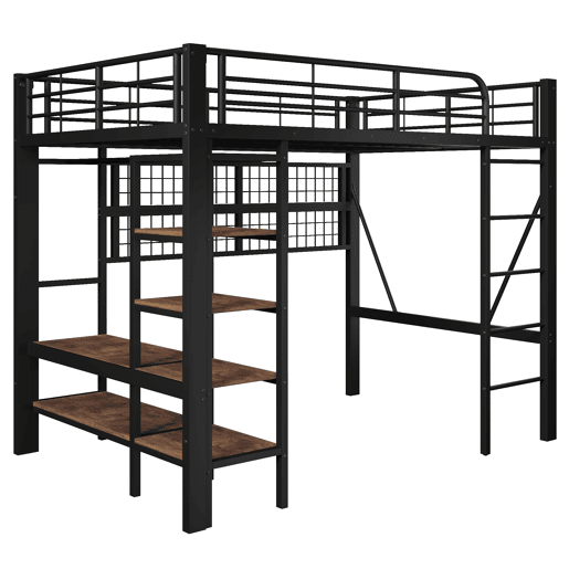 Cama Alta 140x200 cm - Estrutura metálica, prateleira, barra para roupa, espaço aberto, iluminação LED - Preto