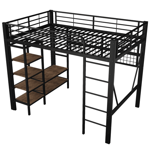 Cama Alta 140x200 cm - Estrutura metálica, prateleira, barra para roupa, espaço aberto, iluminação LED - Preto