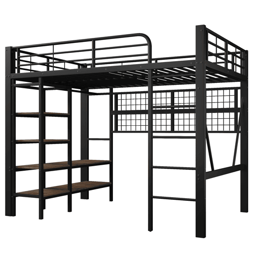 Cama Alta 140x200 cm - Estrutura metálica, prateleira, barra para roupa, espaço aberto, iluminação LED - Preto