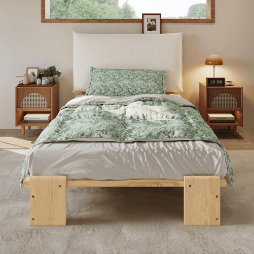 Cama individual 90x200 cm - cabeceira acolchoada, estrado estável, pés largos - natural
