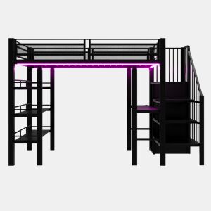 Cama alta 90x200 - com luz LED, tomada, prateleira e estante, multifuncional - preta