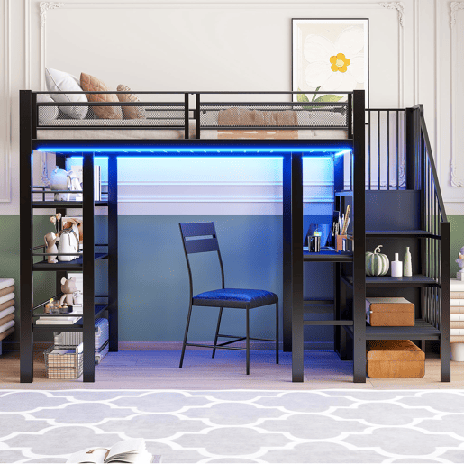 Cama alta 90x200 - com luz LED, tomada, prateleira e estante, multifuncional - preta