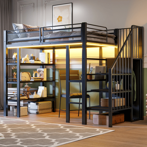 Cama alta 90x200 - com luz LED, tomada, prateleira e estante, multifuncional - preta