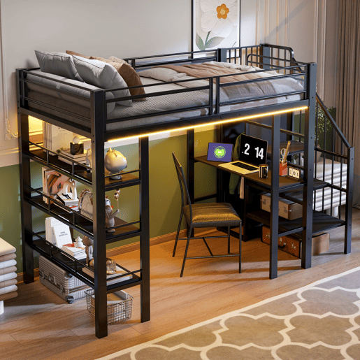 Cama alta 90x200 - com luz LED, tomada, prateleira e estante, multifuncional - preta
